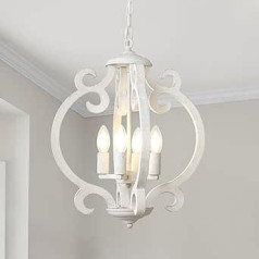 LynPon 4-Bulb White Chandelier Wood Rustic Ceiling Light Vintage Chandelier Wooden Pendant Light Pendant Light Lustre for Dining Room, Kitchen, Living Room, Bedroom, Hallway