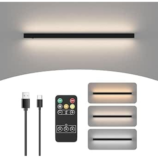 Klighten 6 W LED Battery Wall Light Dimmable, Black Wireless 80 cm Wall Lamp with Remote Control, Long Rechargeable Wall Lights with Timer Function for Bedroom, Living Room, Corridor, Staircase