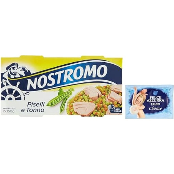 20-Pack Nostromo Tonno e Piselli Ready Meal with Tuna and Peas, 2 x 150 g + 1 Pack Free Felce Azzurra Talcum Powder, 100 g Bag