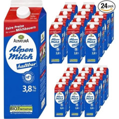 Milk Low Fat H-Milk 3.8% Fat Durable Milk Alpine Milk Milk, 1 Litre Each, Pack of 24 with Pufai Grocery