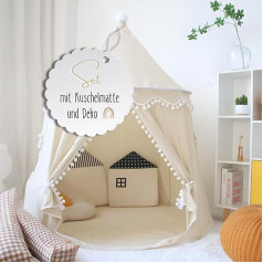 Play Tent for Children, Breathable Cotton and Hemp Fairy Tale Castle with Fibreglass Poles, Bag, Mat and Decoration, Sturdy Indoor Playhouse, Teepee Boys Girls (Cream White, with