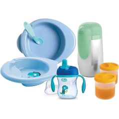 Chicco Baby Crockery Set, Baby Crockery Set for Food and Baby Food, Including Cup Training Cup, First Spoon, Plate, Baby Food Plate and Thermal Food Holder, 6 M +, Blue