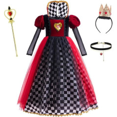 Queen of Hearts Alice in Wonderland Costume Dress Fancy Dress with Accessories for Children Girls Red Black