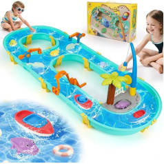 Water Table Toy 3+ Years, Children's Outdoor Water Table with 2 Boats, 6 Animal Figures, Waterway Outdoor Water Park Play Set for Children 3+ Years
