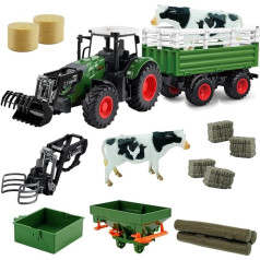 Hyrenee Farm Tractor Vehicles Tractor Trailer with Gripper Round Bale Front Loade Tipping Trailer Fertiliser Spreader with Milk Cow Bale Farming Toy Play Set for Boys Children Toddlers