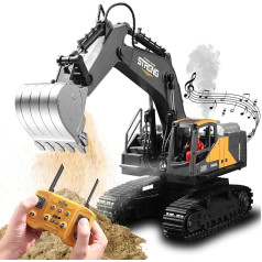 TOMOROY Remote Control Excavator Toy 16 Channel Remote Control Excavator Construction Toy Tractor, Simulated Smoke, Sound, Lighting, Metal Trench Head, RC Truck Gifts for Boys