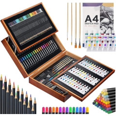 MIAOKE 174-Piece Painting Set, Painting Case for Children, High-Quality Wooden Painting Case with 2 Sketchbooks, 12 ml Acrylic Paints, Crayons, Wax Crayons, Markers, HB Pens, Brush (31.5 x 45.5 x 10