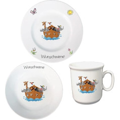 Children's Crockery Personalised – Breakfast Service 3-Piece Porcelain Plate Mug Bowl Personalised with Name of Choice (Noah's Ark)