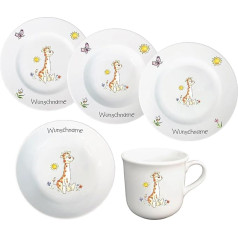 Children's Crockery 5-Piece Children's Service Set Made of Porcelain Plate Mug Bowl Personalised with Name of Choice Children's Crockery with Name Personalised with Name (Giraffe)