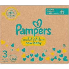 Pampers Premium Protection New Baby Size 3, 204 Nappies, 6 kg-10 kg, Monthly Pack + Pampers Harmony Aqua Baby Wipes, 1 Pack of 10 Wipes