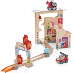 HABA 304847 Kullerbü Play Track Fire Station Wooden Ball Run with Many Play Effects, Fire Engine and Fire Engine Helicopter, Motor Skills Toy from 2 Years