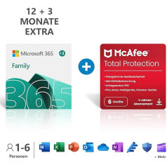 Microsoft 365 Family 12+3 months subscription | 6 users | Multiple PCs/Macs, Tablets/mobile devices | Download Code + McAfee Total Protection 2022 | 6 devices |12 months subscription | Download Code