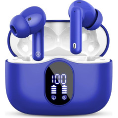 Bluetooth Headphones, Wireless Bluetooth 5.3 Sport In Ear, with 4 Microphones, 40 Hours Playtime, LED Display, ENC Noise Reduction, HiFi Stereo Earphones for Work and Study, Blue Earbuds