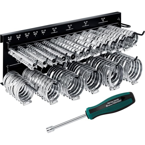 GRAFT Hose Clamps Wall Holder Set | 227 Pieces | Includes Bracket and Screwdriver | Pipe Clamp Set | Adjustable Hose Clamps | Hose Clamp Assortment | Organiser Rack