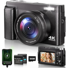 Digital Camera 4K, 48MP 16X Auto Focus Digital Zoom Photo Camera, 3 Inch 180° Flip LCD Screen HD Compact Vlog Camera with Charging Station, 2 x 800 mAh Batteries, 32GB Card for Beginners, Children