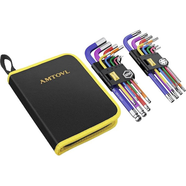AMTOVL Allen Key Set, 18 Pieces Allen Key with Long Ball Head and Torx Star Key Hexagon Sets 1.5-10 mm Colourful Long Torx Key Set