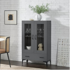 [En.casa] Søndersø Display Cabinet Bookcase with 2 Glass Doors and Drawer, Tall Cabinet Made of Chipboard for Living and Dining Room, Office, 70 x 31 x 115 cm, Dark Grey