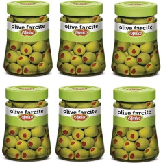 D'Amico Olive Verdi Farcite with Pasta di Peperoni Green Olives in Brine, Filled with Peperoni Paste, 290 g, Pack of 6