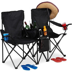 Relaxdays Double Camping Chair, Portable Double Folding Chair with Cup Holders, Cool Bag, Storage Compartments, Foldable, Black