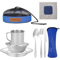 Camping Cutlery Set, 8 Piece Stainless Steel Cutlery Set Including Cutlery, Spoon, Mug, Bowls and Plates, Organizer Straps, Camping, Hiking and Picnic (Blue)