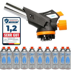Z.M.C Gas Burner 1.3 kW + 10 Gas Cartridges 227 g, Flambé Burner up to 1300 °C, Bunsen Burner Blowtorch Kitchen Burner with Adjustable Flame