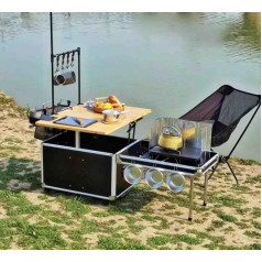 Outdoor Car Mobile Kitchen Folding Portable Camping Picnic Tea Table Storage Box with Wheels Windproof Stove, Camping Kitchen