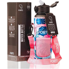 FORTE Kunststoff-Wasserflasche mit Hülle, BPA-freier Wasserkrug mit auslaufsicherem Deckel und Strohhalm, perfekt für Fitnessstudio, Büro und den täglichen Gebrauch (Blumenmuster)