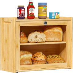 Exabang Bread Bin Bamboo Bread Storage Box with Ventilation 2 Shelves and Large Viewing Window, Wooden Bread Container Bread Storage Food Safe Easy Care Bread Box 40 x 31 x 17.5 cm