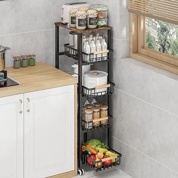Whemyreat Narrow Kitchen Shelf, Trolley on Wheels, 5-Tier Organiser and Storage Trolley with Extendable Baskets and Wooden Top, Fruit Basket Trolley Made of Mesh Fabric with Handle, Storage Trolley