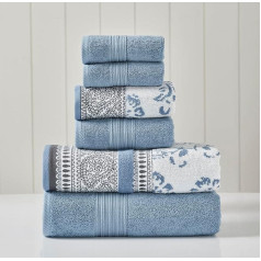 Modern Threads 6 Piece Set, 2 Bath Towels, 2 Hand Towels, 2 Washcloths Yarn Dyed Jacquard/Solid Towel Set, Ophelia Blue