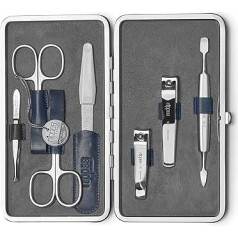 nippes Solingen Manicure Set Vintage, 7-Piece Antique Cowhide Nail Set with Frame, Soft Suede Inside, Made in Germany, Nail Care Set with Nickel-Plated Instruments