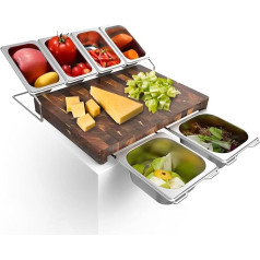 Acacia Wood Chopping Board with Integrated Crumb Tray, XL 42 x 30 x 4 cm, Includes Single Stand, Two Installation Brackets and Six Stainless Steel Kitchen Storage Boxes