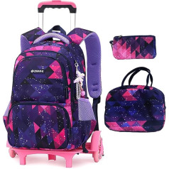 Set of 4 Trolley Bag School Backpack Children's Backpack with Wheels School Bag Wheels Girls Boys Children's Backpack Teens Galaxy Black, 5147 Purple, School backpack