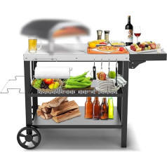 GFTIME Stainless Steel Grill Table Grill Trolley with 3 Levels, Pizza Oven Stand, Grill Table for Outdoor Use, Work Trolley with 4 Hooks, Outdoor Serving Trolley, Side Table, Grill Trolley 116 x 54 cm