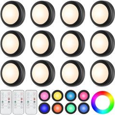 WUYOR LED Cabinet Lighting, Under-Unit Light, Wireless, RGB Spotlights, Battery Dimmable with Remote Control, 16 Colours, Timer, LED Display Case Lighting with Battery, Pack of 12, Black