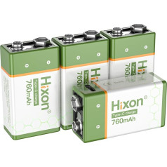 Hixon 9 V USB-C Battery, Rechargeable Lithium 9 V Block Battery, 760 mAh High Capacity with Type-C Charging Cable, for Smoke Detectors and Multimeters, 4 Pieces 9 V Lithium Battery
