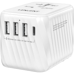 LENCENT Universal Travel Adapter, International AC Plug Adapter with 3 USB A Ports 1 Type C PD Wall Charger Worldwide Travel Adapter for US to EU UK Ireland Australia (Type C/G/A/I), White