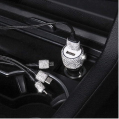 Cigarette Lighter USB Charger Rhinestones Crystal Bling Glitter Diamond Car Charger Dual USB Car Charger Compatible with iPhone GalaxyHuawei Car Mobile Phone Chargers & Quick Charging Cable, White