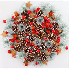 HYran Christmas pine cones, 108 pieces Christmas tree decorations, Christmas wreath decoration, advent wreath decoration, natural pine cones, red berries, acorns, pine needles, star made of birch bark