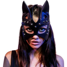 Fangteke Cat Ear Half Face Mask Sexy Cosplay Cat PU Leather Rivet Mask Halloween Rave Carnival Masquerade Mask