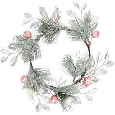 Artificial Snowy Christmas Wreath with Silver Leaves, Artificial Frosted Christmas Wreath Made of Pine Needles, Wreath with Berries for Christmas, Home, Party, Front Door Decoration