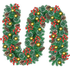 Christmas Garland, 9 ft Fir Garland with Pine Cones and Red Berry, Christmas Decorations Indoor Outdoor Garland, Suitable for Home, Stairs, Fireplace, Front Door, Patio and Gardens