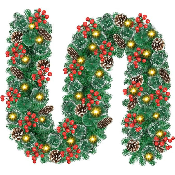 Christmas Garland, 9 ft Fir Garland with Pine Cones and Red Berry, Christmas Decorations Indoor Outdoor Garland, Suitable for Home, Stairs, Fireplace, Front Door, Patio and Gardens