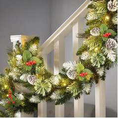 SHareconn 2.7 m / 9 ft Pre-Lit Artificial Christmas Garland with Red Berries and Pine Cones, with Multicoloured Lighting with Timer Function, for Christmas Stairs and Fireplace, Snow