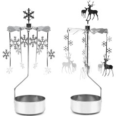 Rotating Candle Holder, Tea Light Holder, Silver Snow and Deer, Tea Lights Holder, Rotating Candle Holder for Halloween, Christmas, Birthday, Wedding Decoration, Pack of 2