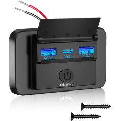 Daakro 72W USB Charging Socket 12V Car Charger Dual QC3.0 USB & PD3.0 Type C Mobile Phone Quick Charger Waterproof with Switch for 12V/24V Caravans, Cars, Motorcycles, Trucks
