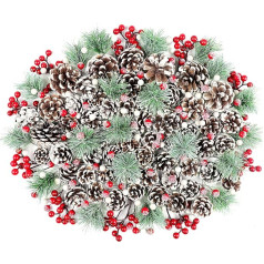 Wlicon Pack of 200 Christmas Natural Pine Cones and Berries, Various Sizes, for DIY Crafts and Decorations (Snowflake Version)