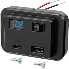 Giantdeer PD+QC3.0 12V~26V Double Socket USB for Car with LED Voltage Display, 4.8A, 20W with Switch for DC12V~26V Car ATV Campervan