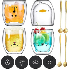 JOTOL Double-Walled Latte Macchiato Glasses Set, Cute Cups Coffee Tea Glasses Drinking Glasses Coffee Glass 4 Pieces with Spoon and Coaster, Double Wall Glass Milk Cup Gift Set