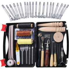 Ekalee 50 piece leather tools and accessories set, leather work set, supplied with leather tool, flanking wooden awl, beveller, wax threads, needles, perfect for leather, craft, sewing, cutting, DIY